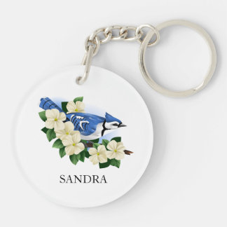 Dogwood Flower And Blue Jay Bird Keychain