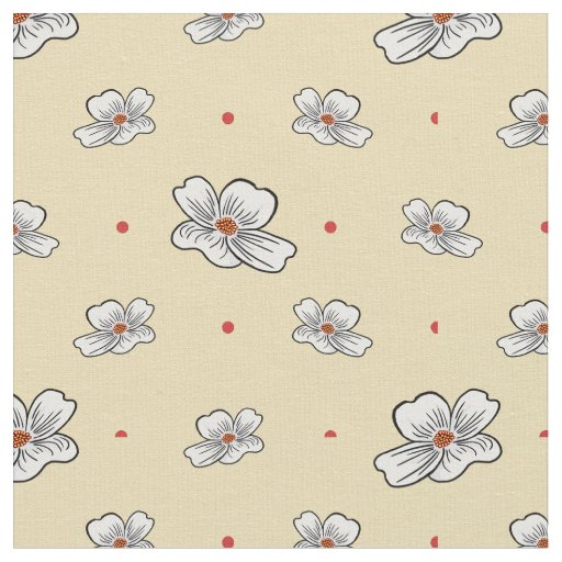 Dogwood Flowers and Red dots on Butter Cream Fabric