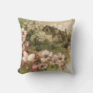 Dogwood Tree Bird Nest Egg Cottage Throw Pillow