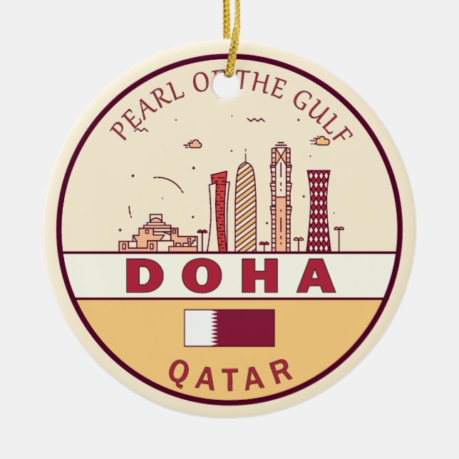 Doha Qatar City Skyline Emblem Ceramic Ornament (Front)
