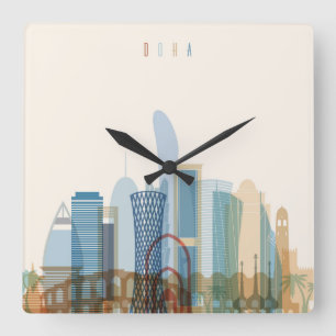 Doha, Qatar City Skyline Square Wall Clock
