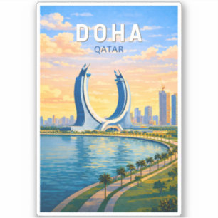 Doha Qatar Illustration Travel Art Vintage Sticker