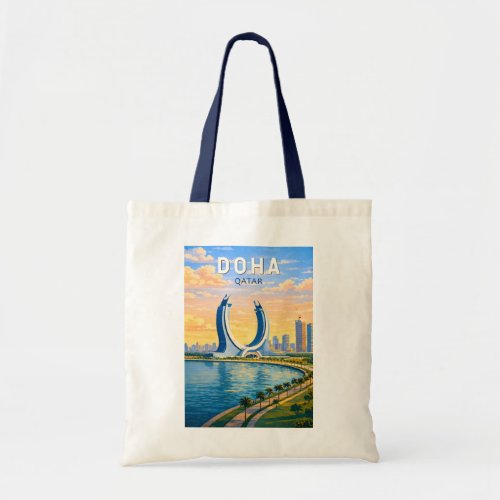 Doha Qatar Illustration Travel Art Vintage Tote Bag