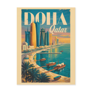 Doha Qatar Skyline Illustration Travel Art Vintage Postcard