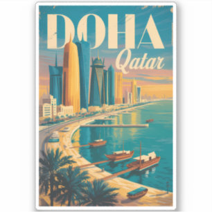 Doha Qatar Skyline Illustration Travel Art Vintage Sticker