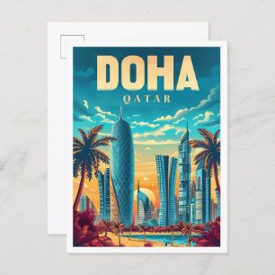 Doha Qatar Vintage Art Travel Illustration Postcard