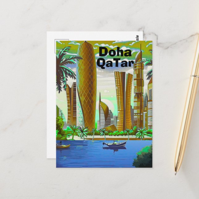 Doha Travel Postcard Art, Doha Skyline, Doha Qatar (Front/Back In Situ)