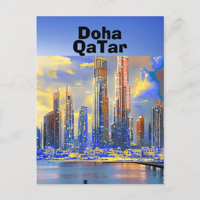Doha Travel Postcard Art, Doha Skyline, Doha Qatar (Front)