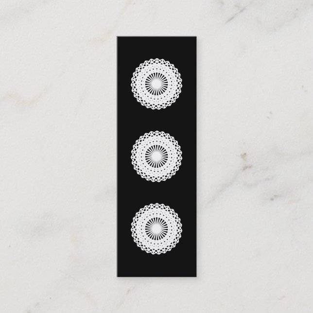 Doily. White lace circle. On Black. Mini Business Card (Front)