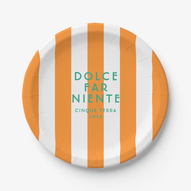 Dolce Far Niente Cinque Terra Orange Cabana Stripe Paper Plates (Front)