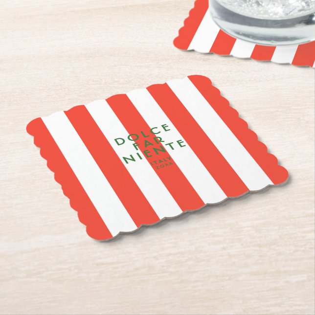 Dolce Far Niente Italy Red Cabana Stripes Paper Coaster (Angled)