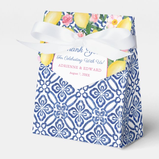 Dolce Vita Lemons Pink Flowers Wedding Favor Boxes (Front Side)