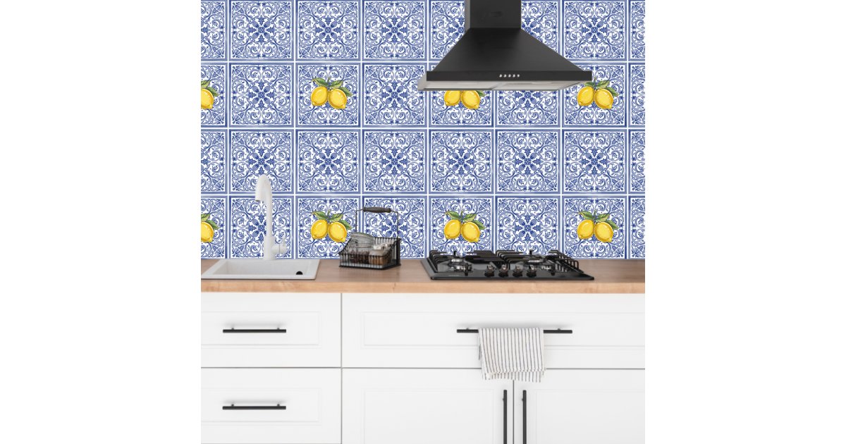 Dolce Vita Meditarrean Blue & Lemons Italian Tiles Wallpaper | Zazzle