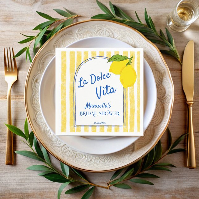Dolce vita yellow Lemons Italian bridal shower Napkins (Dolce vita retro yellow stripes Lemons vintage Italian bridal shower monogrammed Napkins )