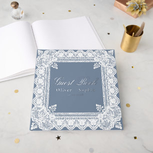 Doliy Lace Elegant Dusty Blue Wedding Foil Guest Book
