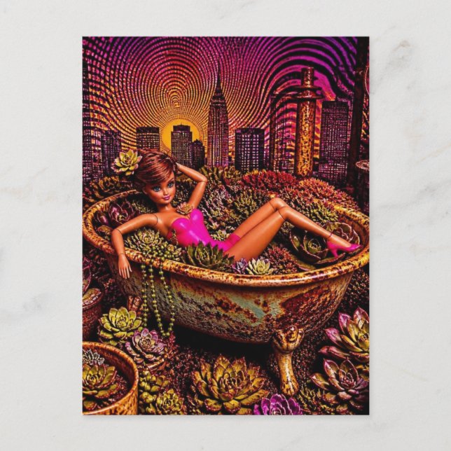 Doll in a Bathtub of Plants Fun Garden Art Postcard (Front)
