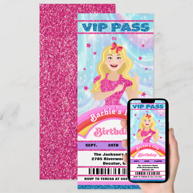 Doll Pink Glitter Movie Star VIP tickets Birthday Invitation | Zazzle