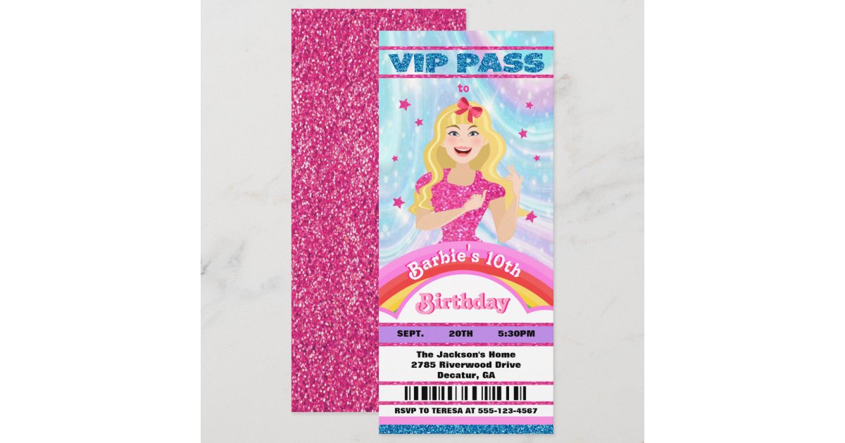 Doll Pink Glitter Movie Star VIP tickets Birthday Invitation | Zazzle