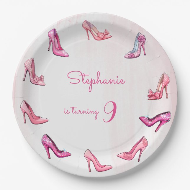 Doll pink high heel shoes girl birthday party paper plates (Front)