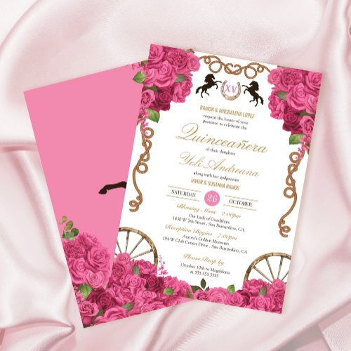 Doll Pink Roses Western Charra Quinceaera Invitation