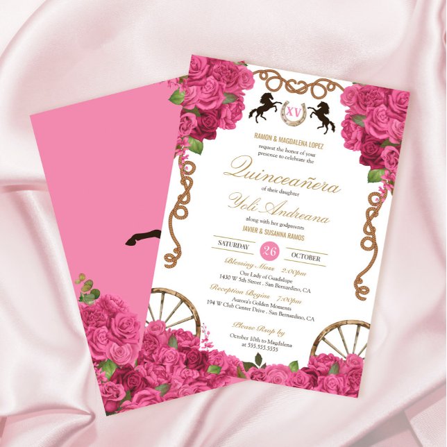 Doll Pink Roses Western Charra Quinceañera Invitation (Creator Uploaded)