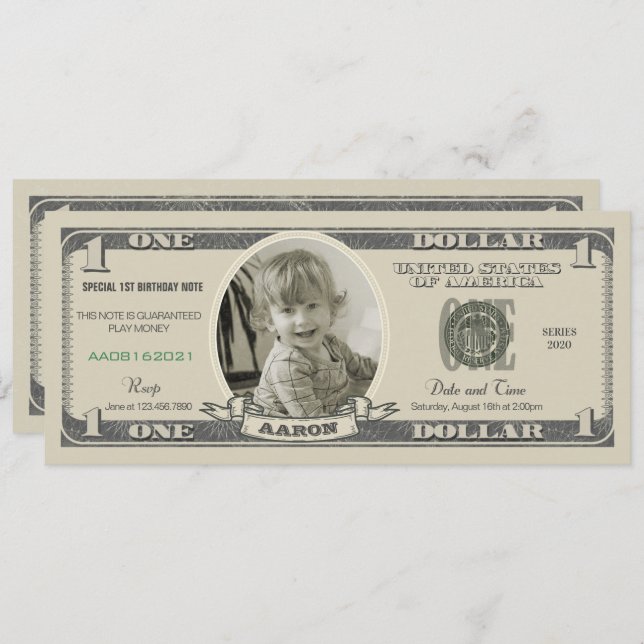 Dollar Bill Invitation for a First Birthday (Front/Back)