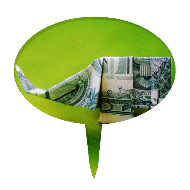Dollar bill origami Elephant on Green background Cake Topper (Front)