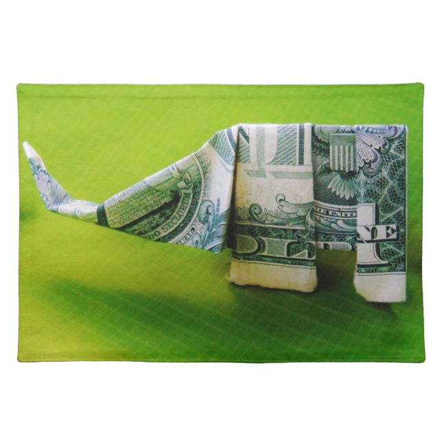 Dollar bill origami Elephant on Green background Cloth Placemat (Front)