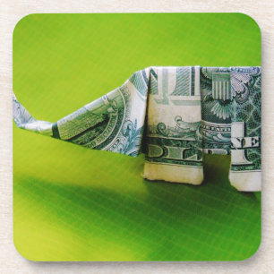 Dollar bill origami Elephant on Green background Coaster