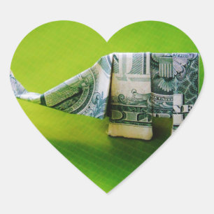 Dollar bill origami Elephant on Green background Heart Sticker