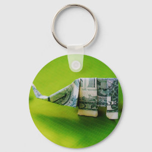 Dollar bill origami Elephant on Green background Keychain
