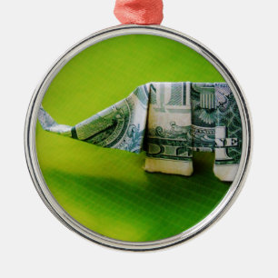 Dollar bill origami Elephant on Green background Metal Ornament