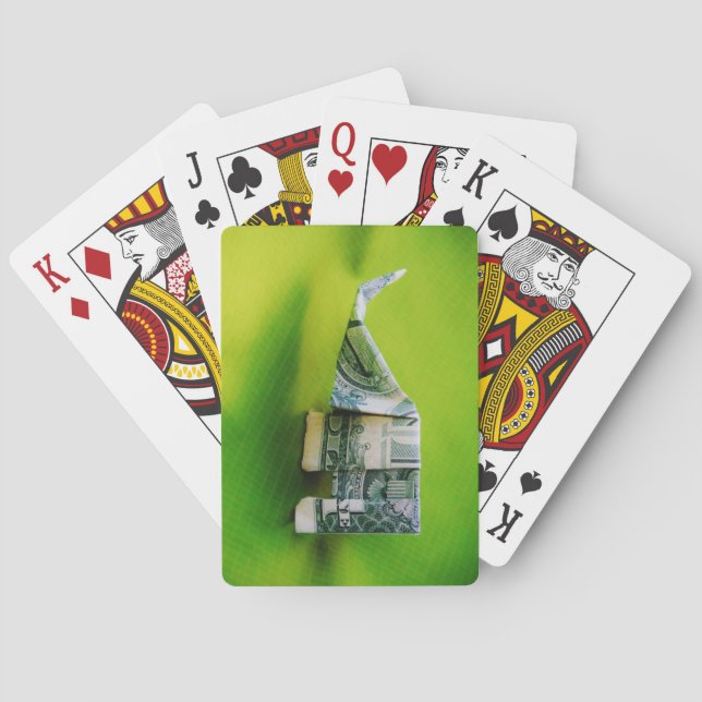 Dollar bill origami Elephant on Green background Poker Cards (Back)