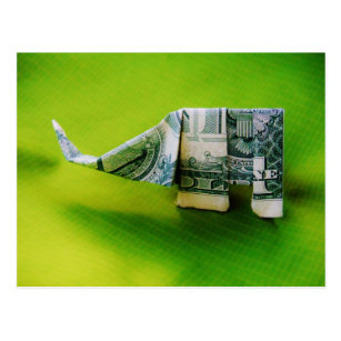 Dollar Bill Origami Elephant On Green Background Postcard