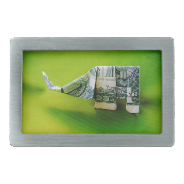 Dollar bill origami Elephant on Green background Rectangular Belt Buckle (Front)