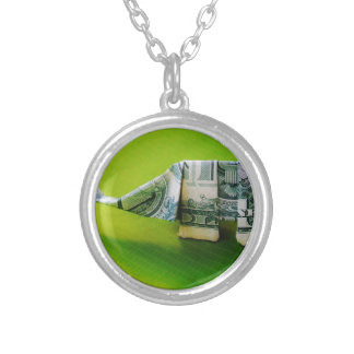Dollar bill origami Elephant on Green background Silver Plated Necklace