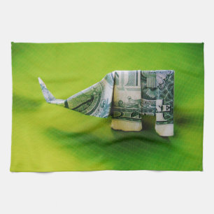 Dollar bill origami Elephant on Green background Towel