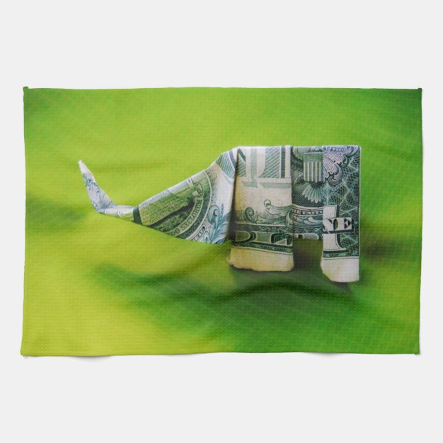 Dollar bill origami Elephant on Green background Towel (Horizontal)