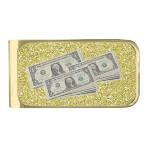 Dollar Bills Gold Faux Glitter Finish Money Clip