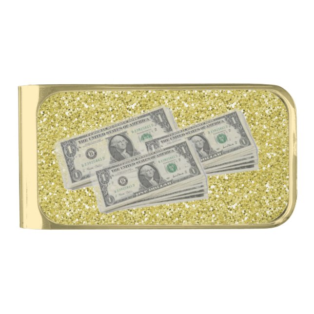 Dollar Bills Gold Faux Glitter Gold Finish Money Clip (Front)