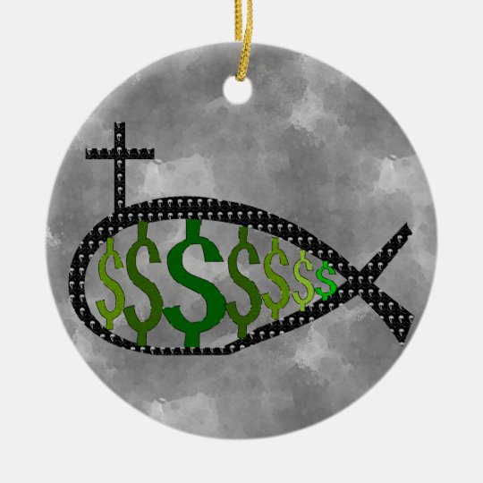 Dollar Sign Jesus Fish Ceramic Ornament