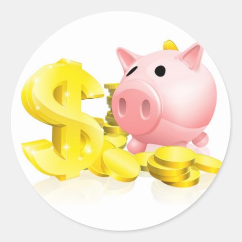Dollar sign piggy bank classic round sticker