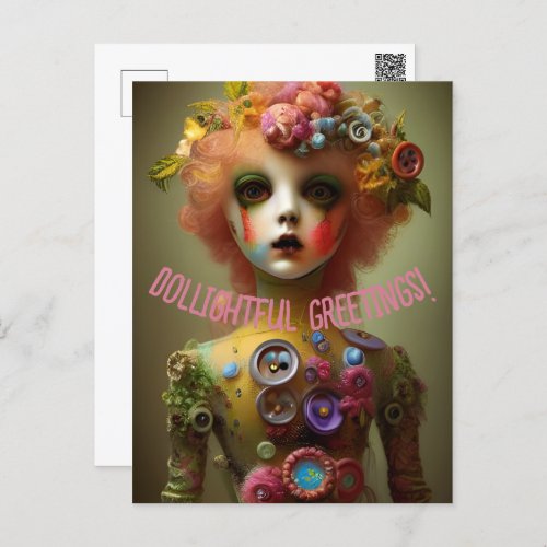 Dollightful Greetings Creepy Doll Pun Wordplay Postcard
