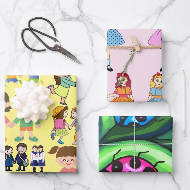 dolls children bff lady bugs cartoon art wrapping paper sheets (Front)