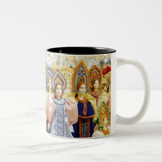 Dolls in traditional Russian costumes displayed Two-Tone Coffee Mug