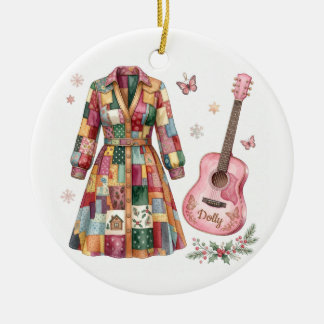 Dolly Coat of Many Colors Pink Guitar Ceramic Ornament