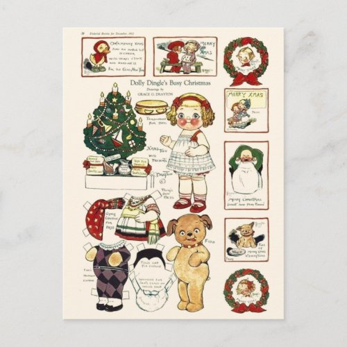 Dolly Dingle Doggie Paper Dolls Vintage Christmas Holiday Postcard