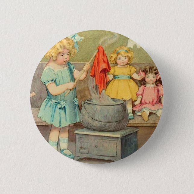 Dolly Laundry Girl Vintage Playing Dolls Cute Button (Front)