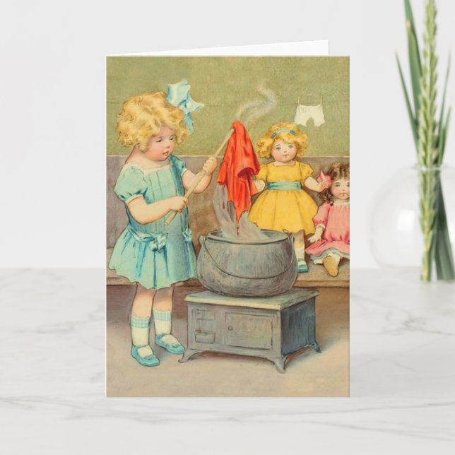 Dolly Laundry Girl Vintage Playing Dolls Cute Card (Front)