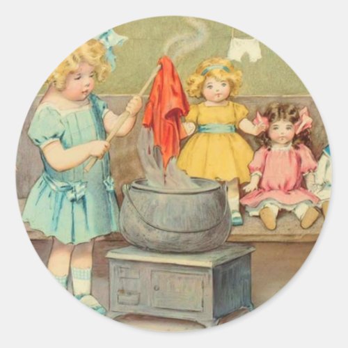 Dolly Laundry Girl Vintage Playing Dolls Cute Classic Round Sticker